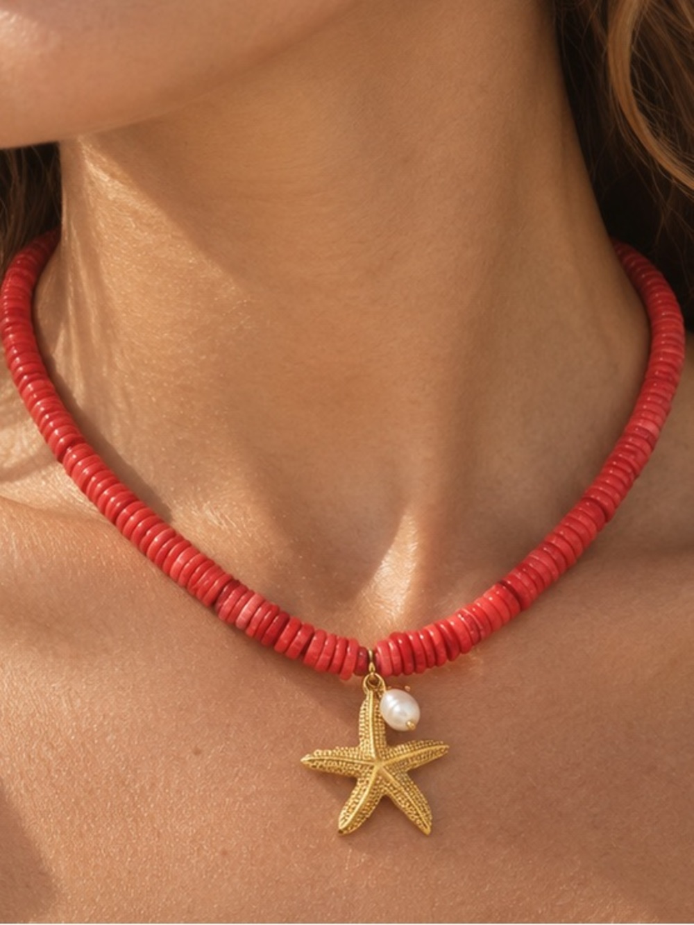 Gold Starfish Pendant Red Beaded Necklace